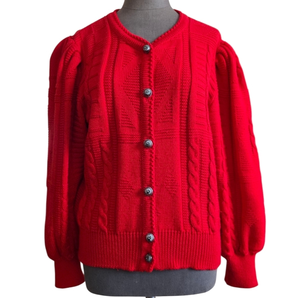 Vintage Red Austrian Wool Puff Sleeve Cardigan Size Large Salzburger Dirndl-look